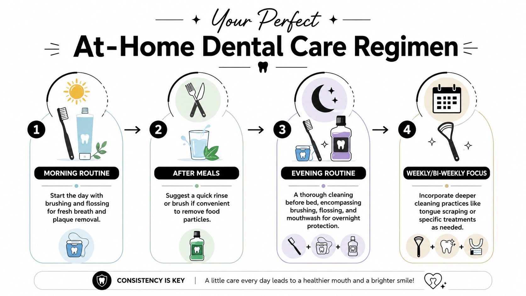Skotzko Family Dental Clinic | Best Way to Clean Teeth: A Cornelius Dentist's Guide An infographic detailing a four-step at-home dental care regimen for maintaining healthy teeth and gums.