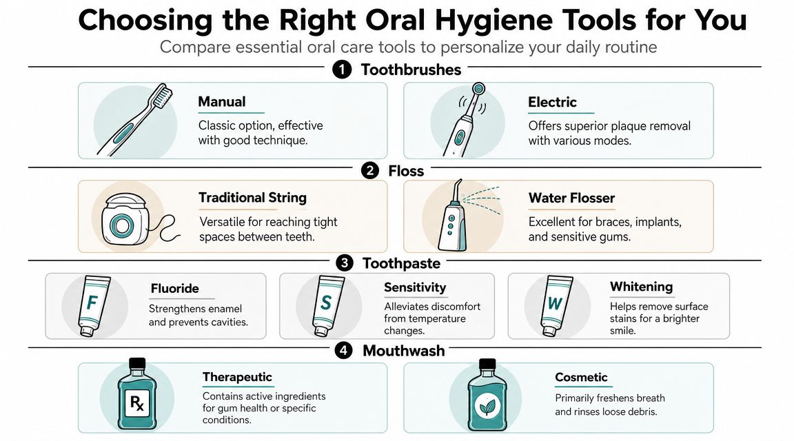 Skotzko Family Dental Clinic | Best Way to Clean Teeth: A Cornelius Dentist's Guide An infographic showing various oral hygiene tools including toothbrushes, floss, toothpaste, and mouthwash for daily dental care.
