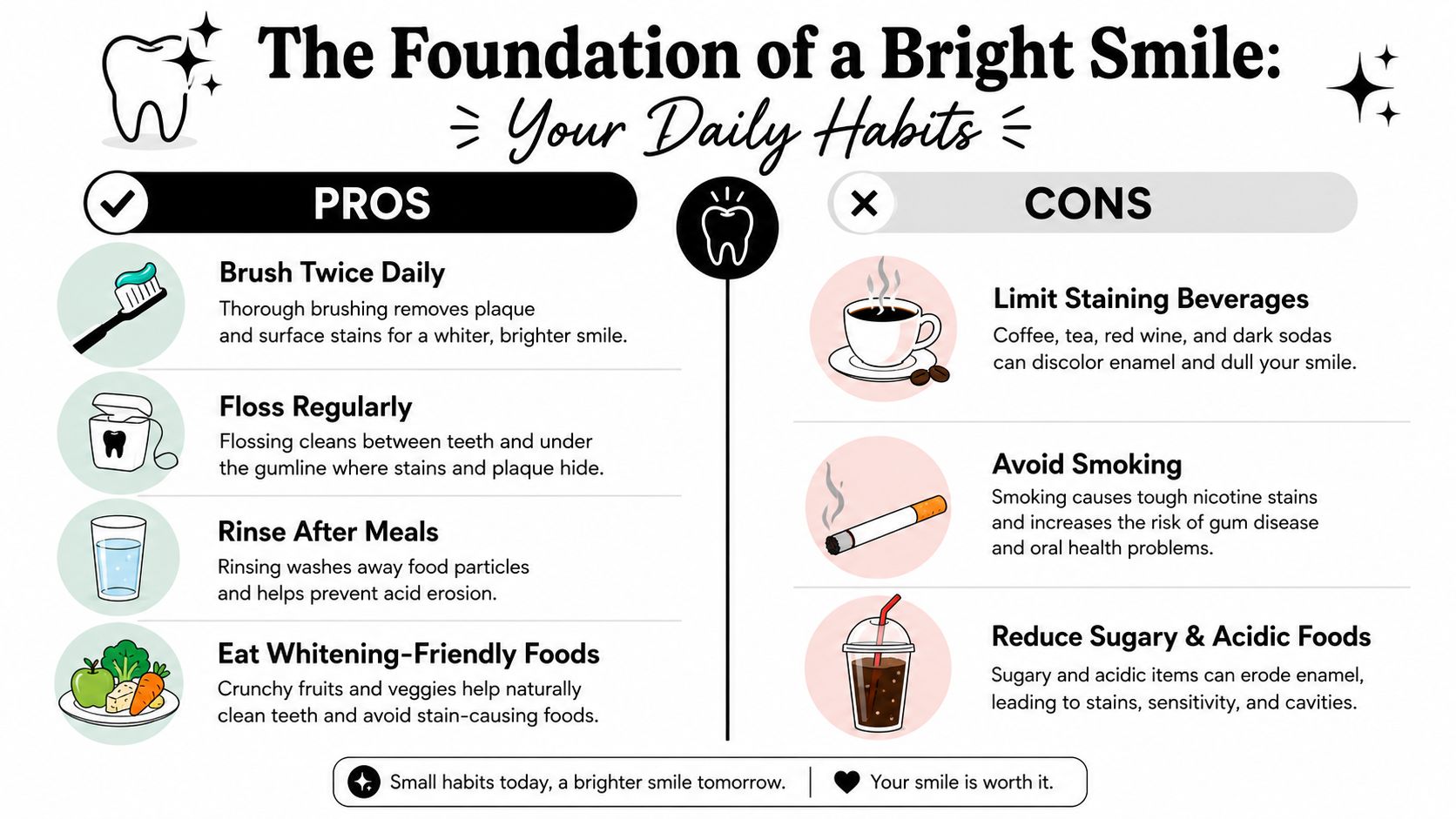 Skotzko Family Dental Clinic | How to Keep Teeth White: A Cornelius Dentist's Guide An infographic detailing daily dental habits to maintain a bright, healthy, and clean white smile.
