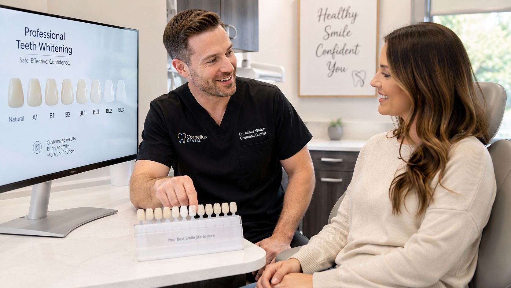 Skotzko Family Dental Clinic | How to Keep Teeth White: A Cornelius Dentist's Guide A professional dentist discussing teeth whitening options with a female patient using a shade guide.