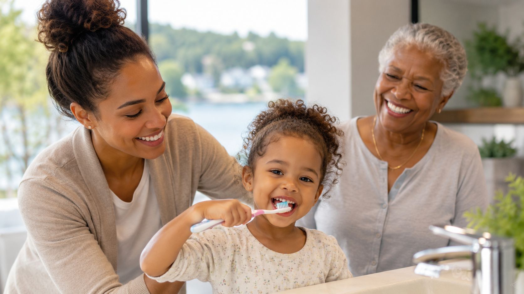 Skotzko Family Dental Clinic | How to Maintain Oral Health: A Cornelius, NC Guide A young mother and her grandmother help a little girl learn how to brush her teeth.