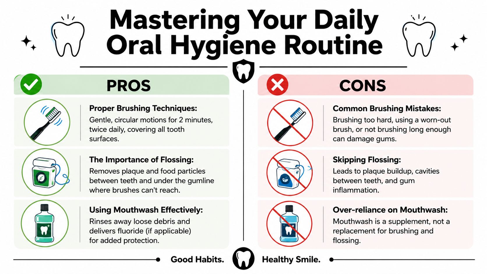 Skotzko Family Dental Clinic | How to Maintain Oral Health: A Cornelius, NC Guide A dental health infographic comparing good habits like brushing and flossing against bad oral hygiene mistakes.