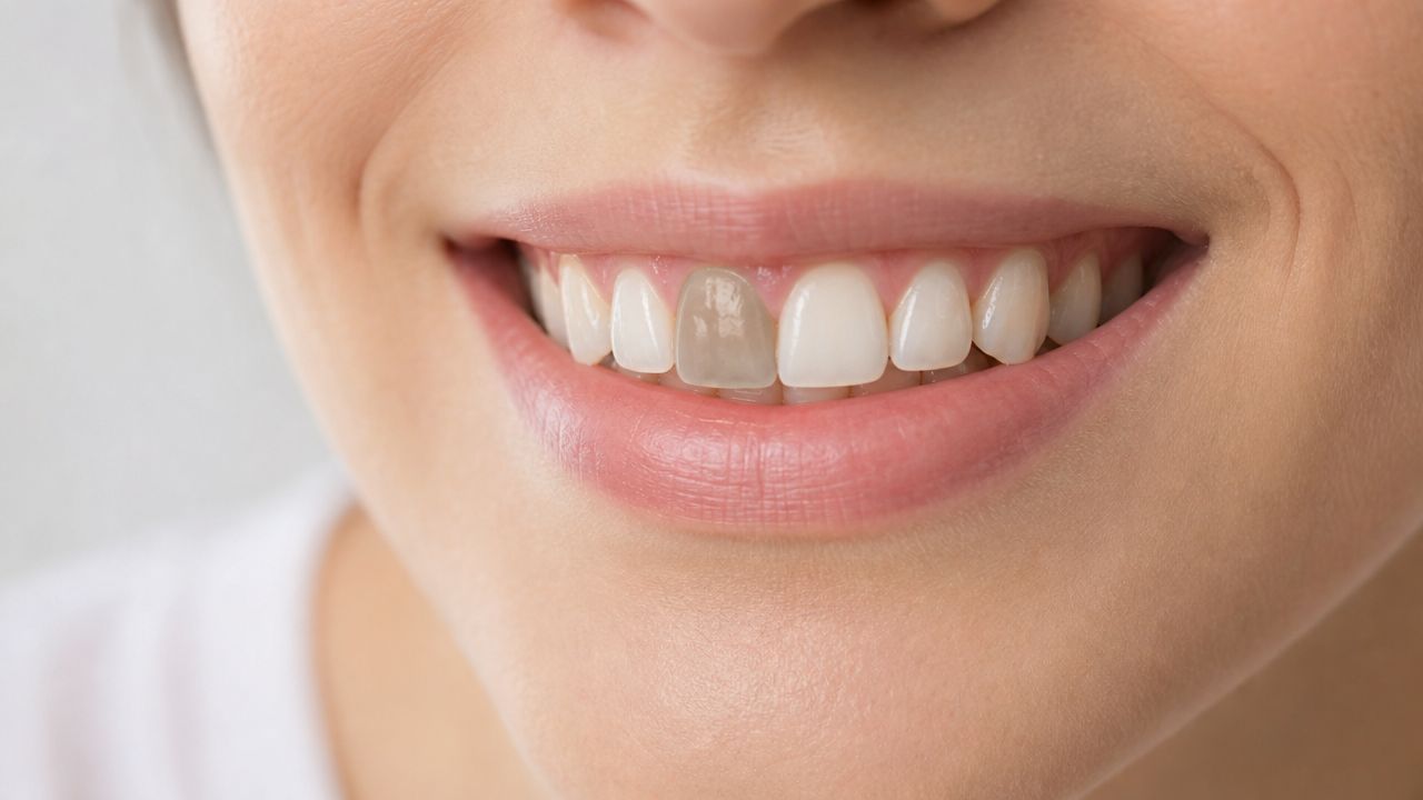 Skotzko Family Dental Clinic | Urgent: Signs of Tooth Infection You Need to Know in 2026 Close-up of a person's smile highlighting a single discolored, dark tooth that may indicate a dental problem.