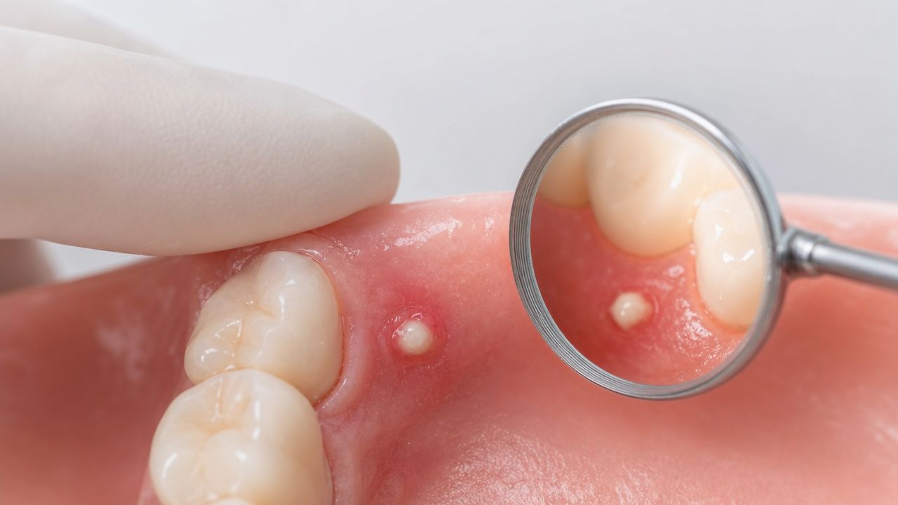 Skotzko Family Dental Clinic | Urgent: Signs of Tooth Infection You Need to Know in 2026 A close-up view of a gum abscess showing a small, white bump on inflamed red gum tissue.