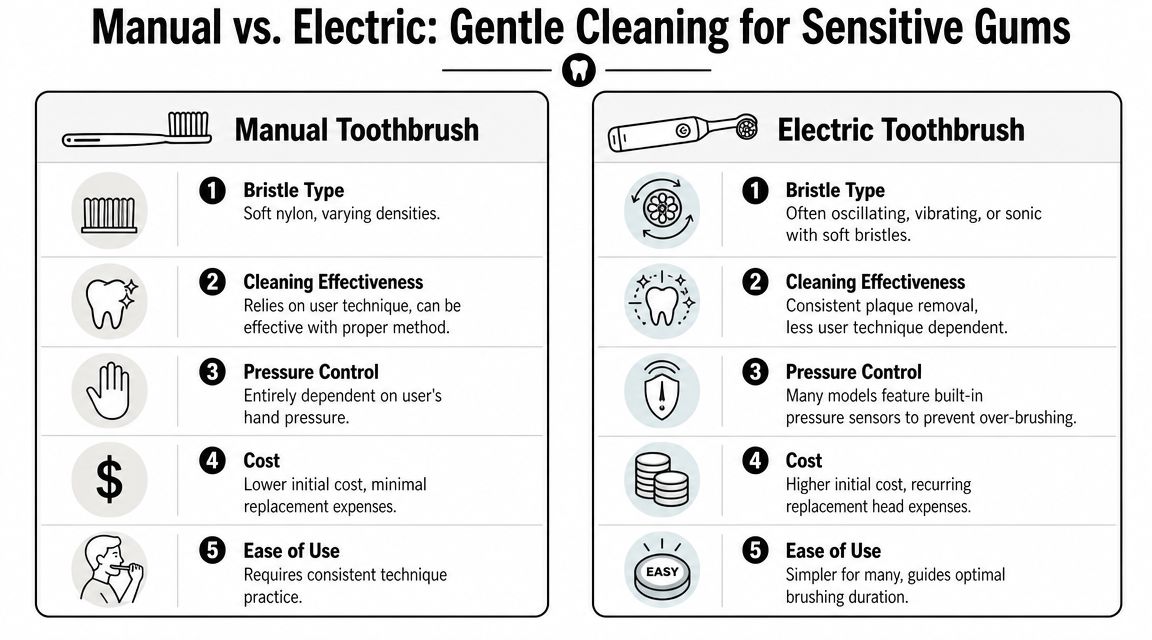 Skotzko Family Dental Clinic | Best Toothbrush for Sensitive Gums: Cornelius Guide A comparison chart showing the differences between manual and electric toothbrushes for gentle gum care.
