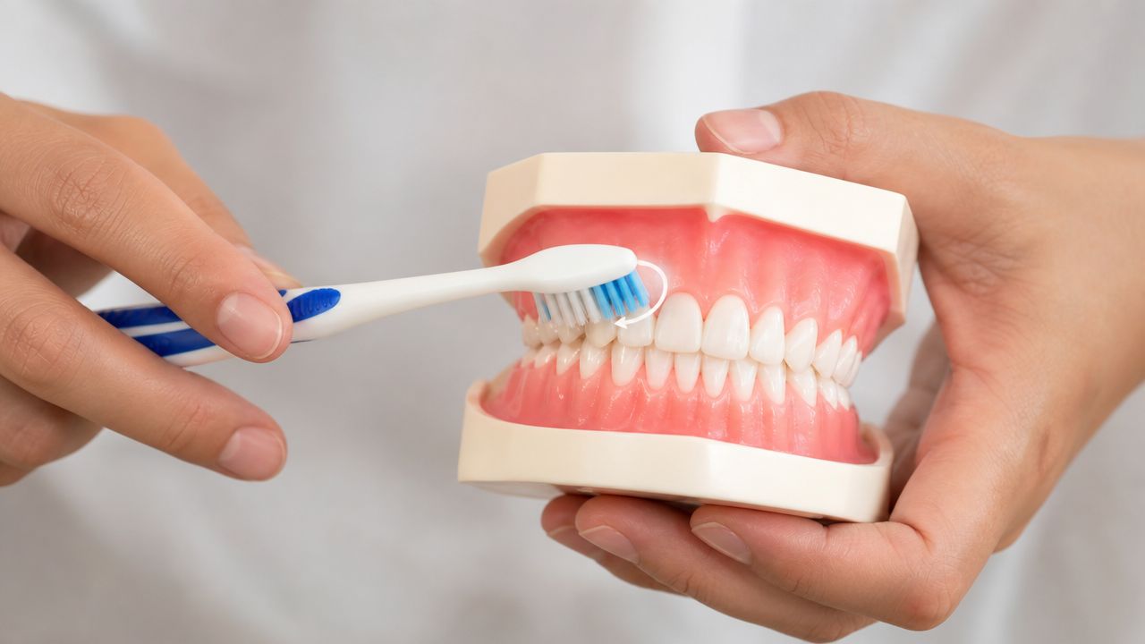 Skotzko Family Dental Clinic | Best Toothbrush for Sensitive Gums: Cornelius Guide A close-up view of hands holding a dental model and toothbrush to demonstrate proper brushing techniques.