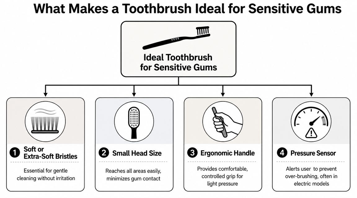 Skotzko Family Dental Clinic | Best Toothbrush for Sensitive Gums: Cornelius Guide An infographic detailing four essential features of an ideal toothbrush designed specifically for sensitive gums.