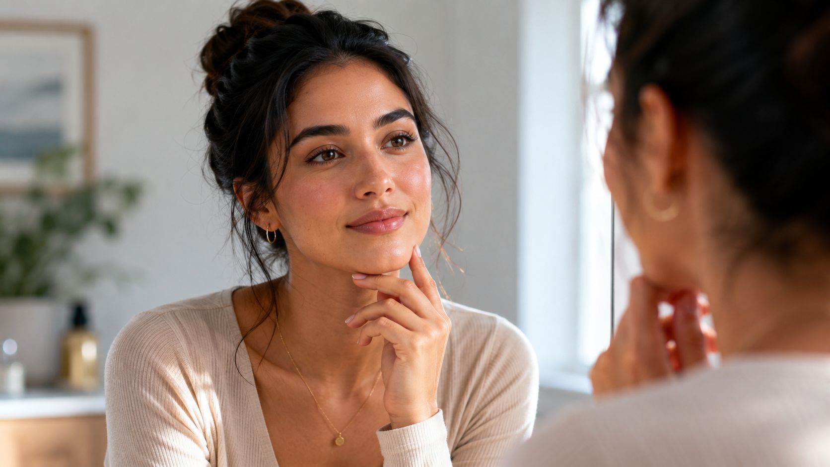 Skotzko Family Dental Clinic | Cosmetic Dentistry Near Me: A Cornelius, NC Smile Guide A smiling young woman looking at her reflection in the bathroom mirror, focusing on her smile.