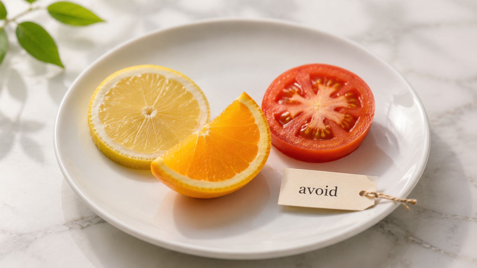 A plate featuring citrus fruit and tomato slices with an avoid label tag, representing acidic food triggers.