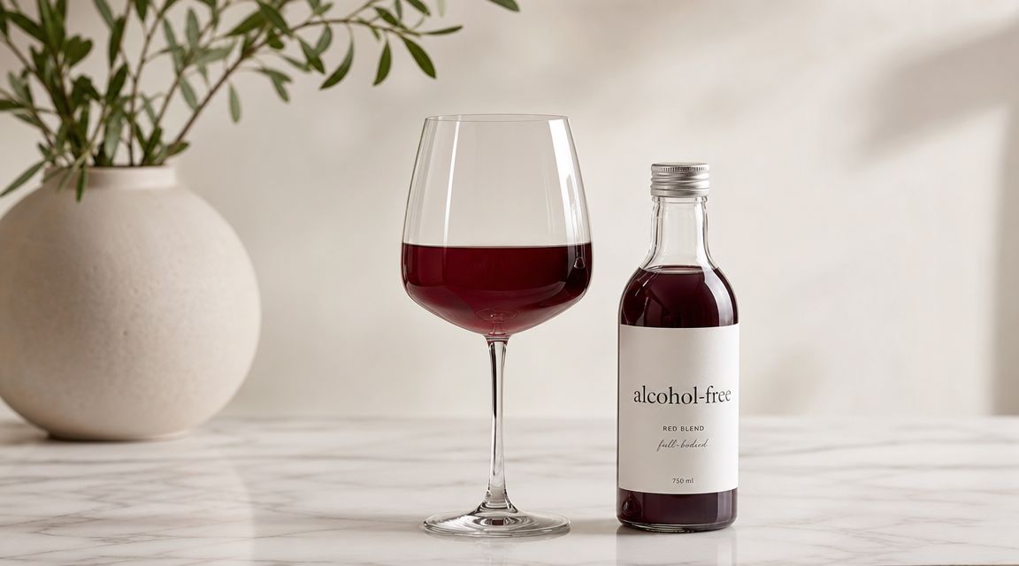 A glass of red wine next to a small bottle of alcohol-free red blend on a marble table.