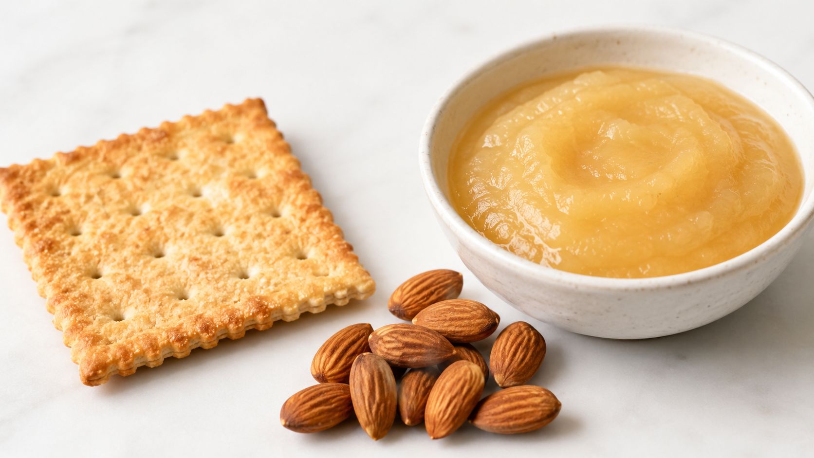 A square cracker, a small bowl of applesauce, and a pile of almonds on a marble surface.