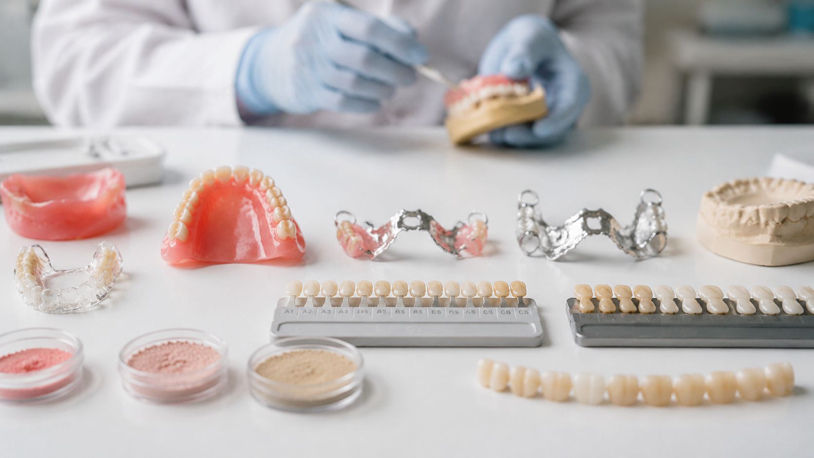 Skotzko Family Dental Clinic | How Much Do Dentures Cost? Get 2026 Prices in Cornelius A dental technician working on prosthetic teeth with various dentures and tooth shade guides on a table.