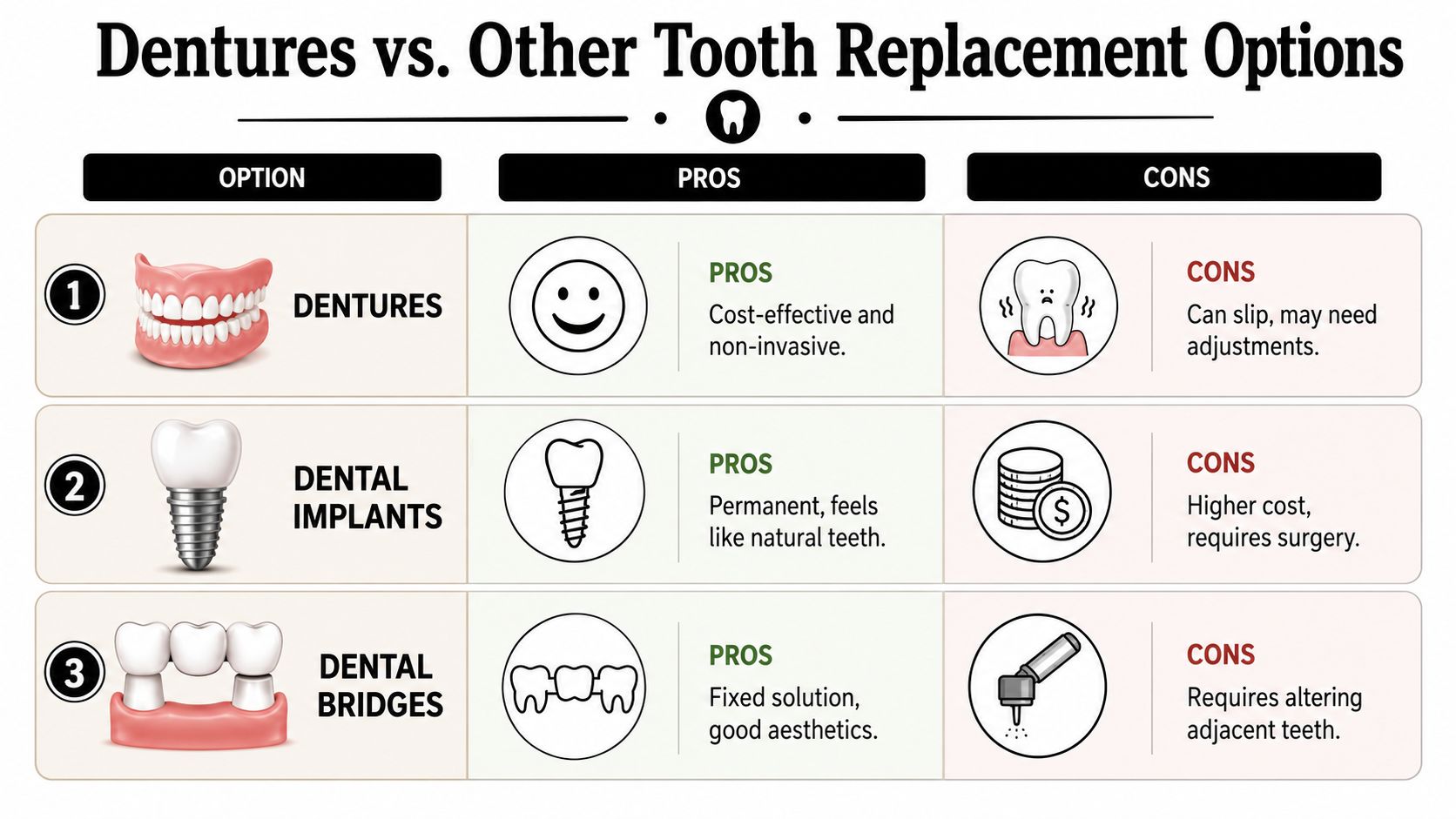 Skotzko Family Dental Clinic | How Much Do Dentures Cost? Get 2026 Prices in Cornelius A comparison chart outlining the pros and cons of dentures, dental implants, and dental bridges.