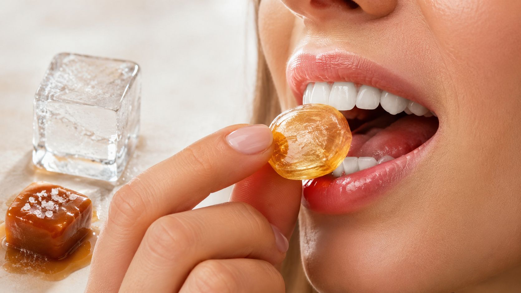 Skotzko Family Dental Clinic | How to Care for Dental Crowns: A Cornelius, NC Guide A close-up view of a woman holding a hard candy near her mouth with dental crowns.