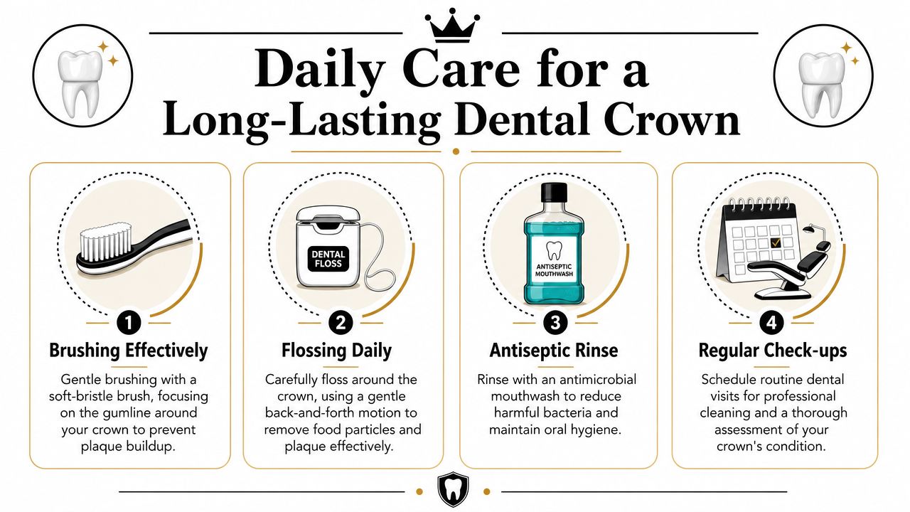 Skotzko Family Dental Clinic | How to Care for Dental Crowns: A Cornelius, NC Guide An infographic detailing four essential tips for daily dental crown care, including brushing, flossing, rinsing, and check-ups.