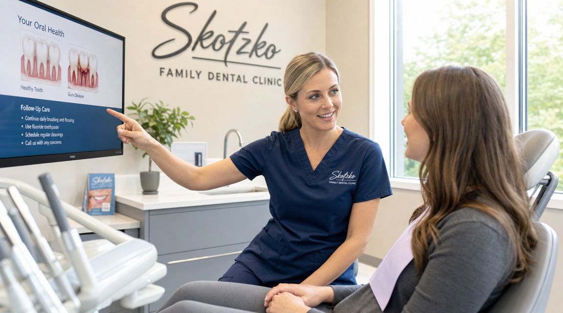 Skotzko Family Dental Clinic | How to Care for Dental Crowns: A Cornelius, NC Guide A female dentist explains oral health and follow-up care to a patient at a modern dental clinic.