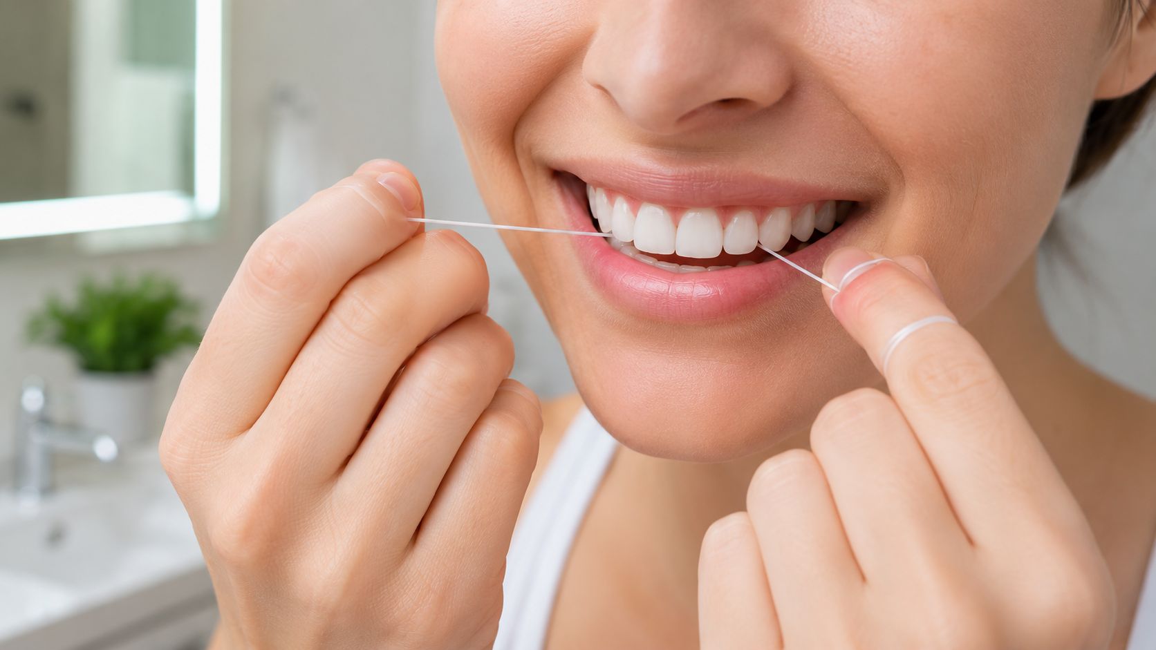 Skotzko Family Dental Clinic | How to Clean Between Teeth: A Cornelius Dentist's Guide A close up view of a woman smiling while using dental floss to clean her white teeth