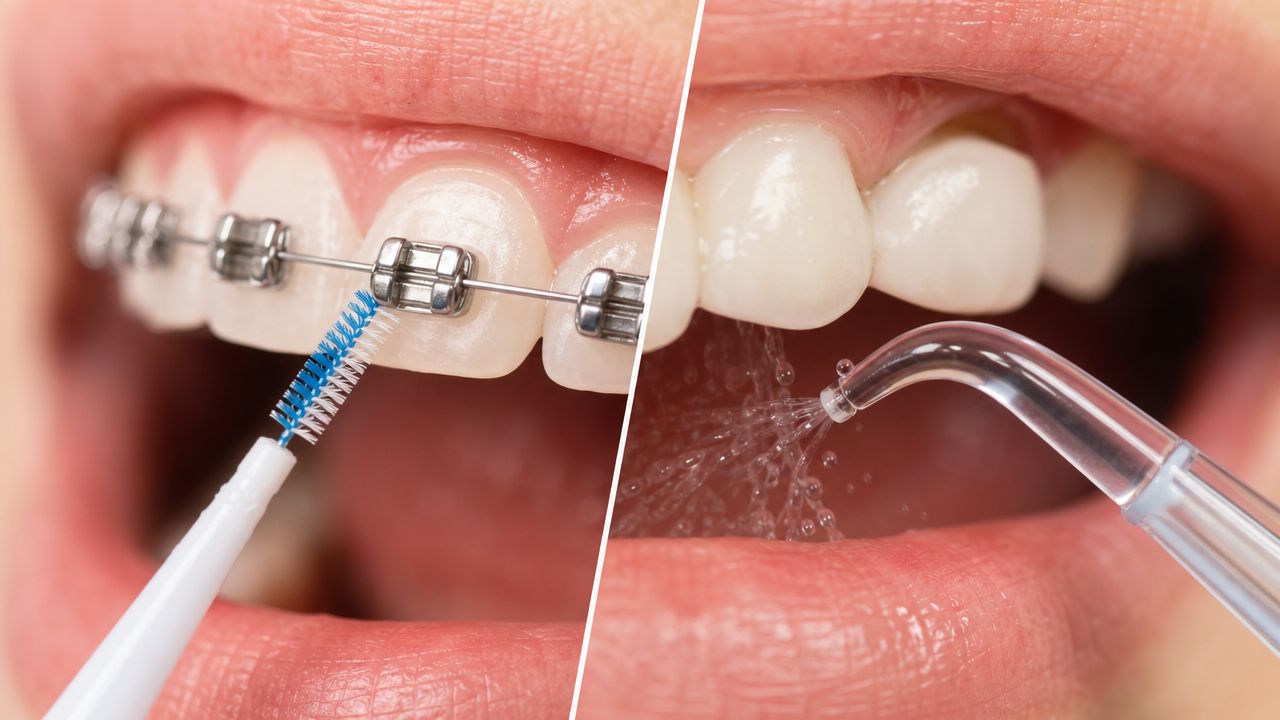 Skotzko Family Dental Clinic | How to Clean Between Teeth: A Cornelius Dentist's Guide A split image showing an interdental brush cleaning braces and a water flosser cleaning teeth.