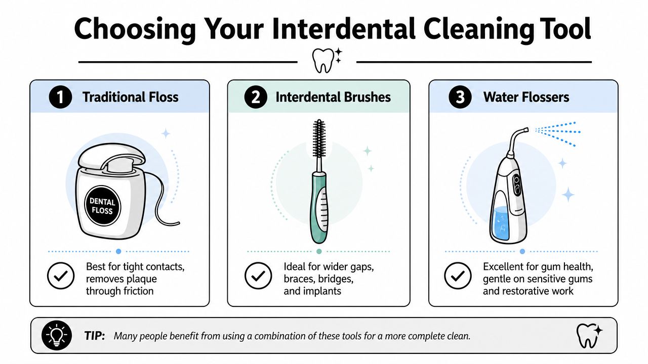 Skotzko Family Dental Clinic | How to Clean Between Teeth: A Cornelius Dentist's Guide An infographic illustrating three interdental cleaning tools: traditional floss, interdental brushes, and water flossers.