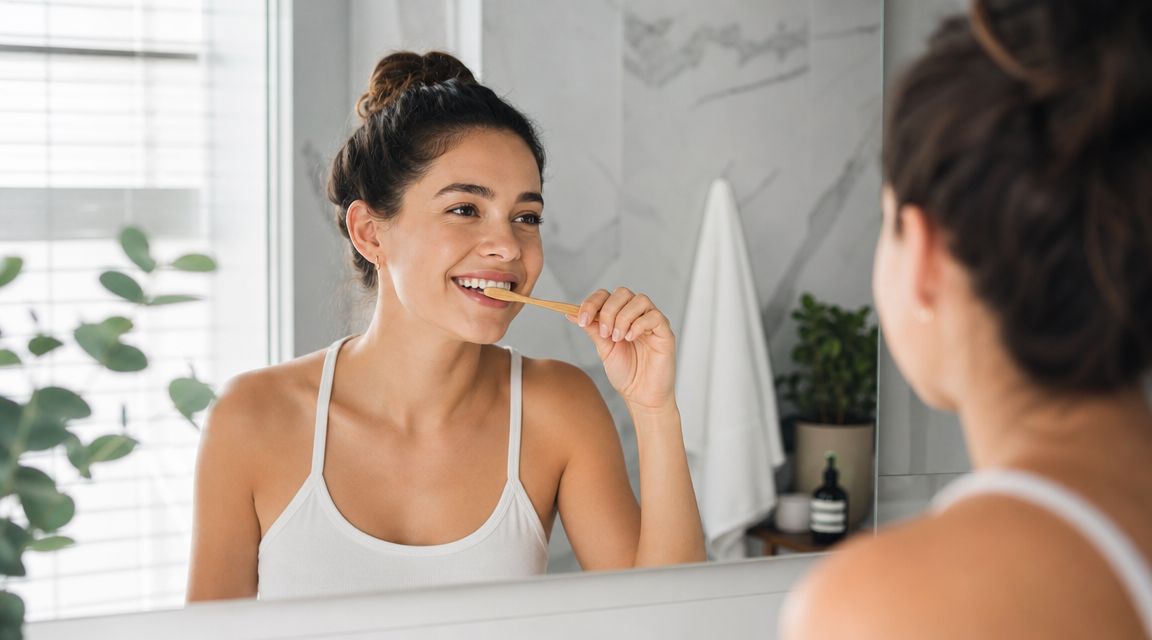 Skotzko Family Dental Clinic | How to Clean Between Teeth: A Cornelius Dentist's Guide A smiling young woman in a bathroom brushing her teeth using a sustainable bamboo toothbrush in the mirror.
