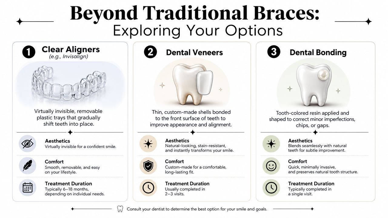 An infographic comparing three dental alternatives to traditional braces including clear aligners, dental veneers, and dental bonding.
