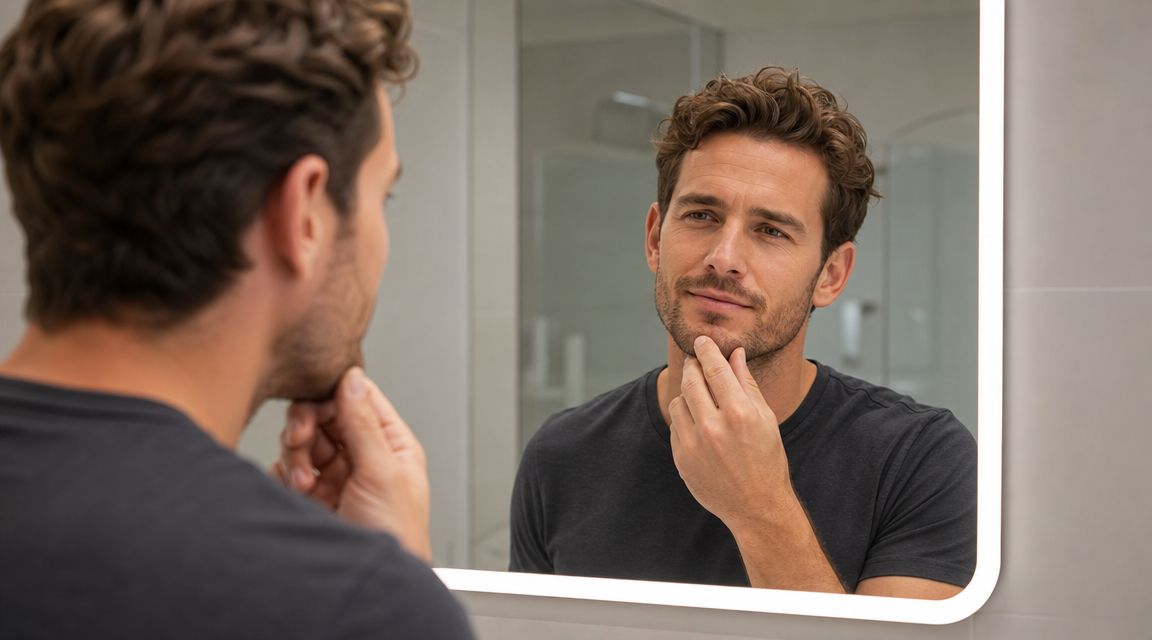 A man looks at himself in a mirror, touching his chin while examining his facial features.