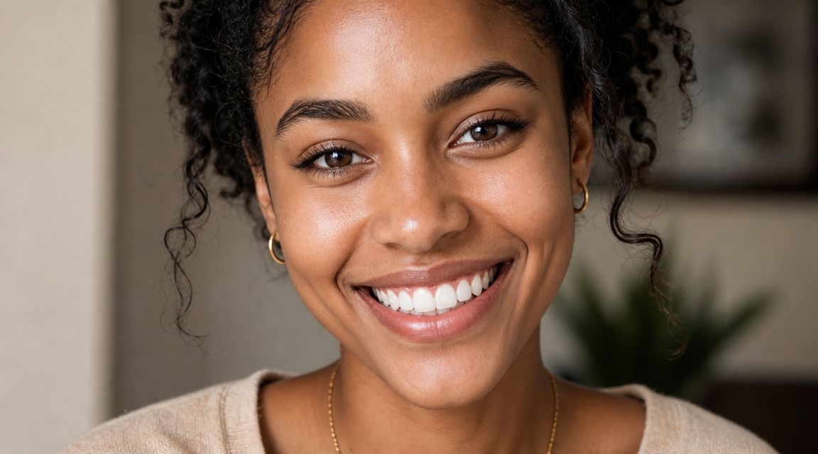 A close-up portrait of a smiling woman with healthy, straight white teeth looking at the camera.