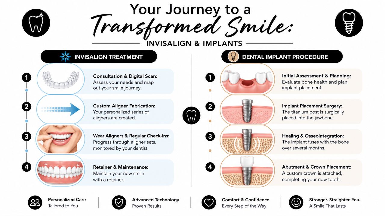 Skotzko Family Dental Clinic | How to Improve Your Smile: Expert Tips from Cornelius An infographic detailing the multi-step journey for Invisalign treatment and the dental implant procedure for a transformed smile.