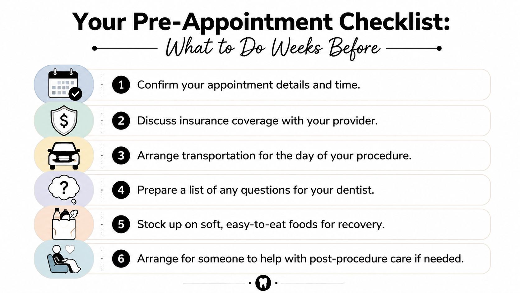Skotzko Family Dental Clinic | How to Prepare for a Root Canal: A Patient's Guide A dental pre-appointment checklist with six numbered steps to prepare for an upcoming dental procedure.