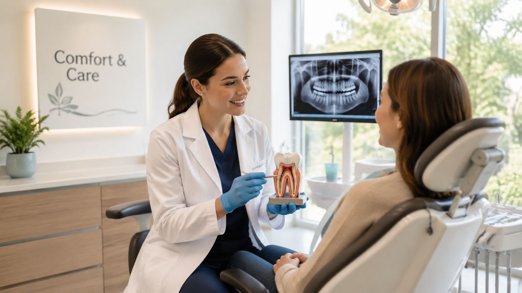 Skotzko Family Dental Clinic | How to Prepare for a Root Canal: A Patient's Guide A friendly dentist explaining a dental root canal procedure to a patient using a tooth model.