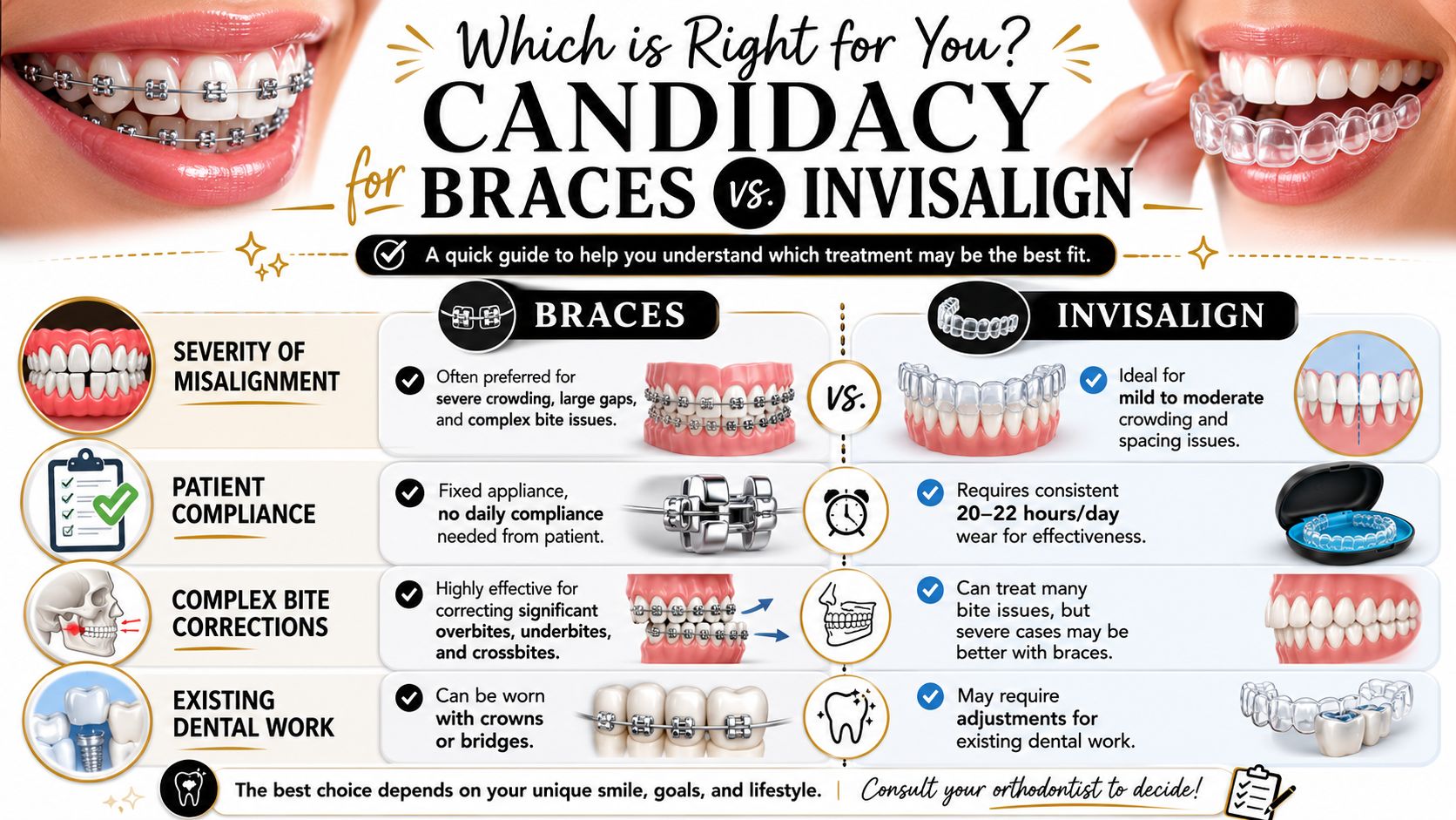 Skotzko Family Dental Clinic | Invisalign vs Braces for Adults: Your 2026 Guide A comparative guide showing the differences between traditional braces and Invisalign treatment for dental alignment.