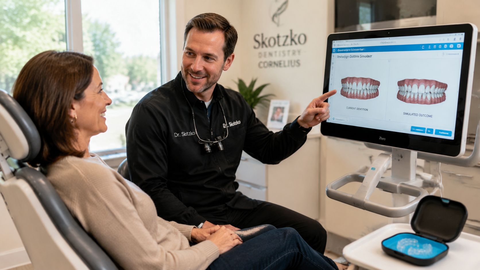 Skotzko Family Dental Clinic | Invisalign vs Braces for Adults: Your 2026 Guide A dentist pointing to a digital screen showing Invisalign simulation results to a female patient in office.