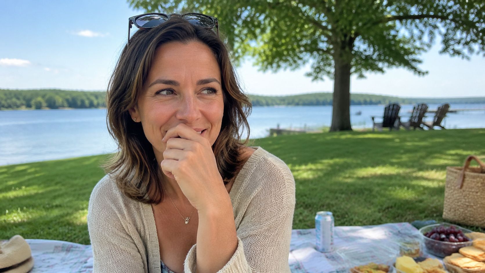 Skotzko Family Dental Clinic | Invisalign vs Braces for Adults: Your 2026 Guide A smiling woman in a knit sweater sitting on a picnic blanket by a beautiful lake.