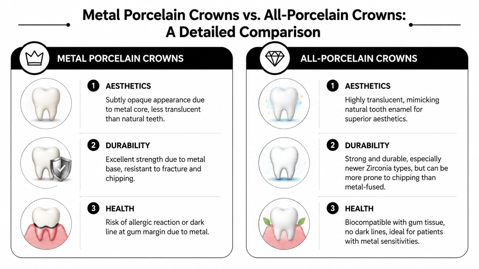 Skotzko Family Dental Clinic | Metal Porcelain Crowns vs Porcelain: A Cornelius Guide A comparison infographic between metal porcelain crowns and all-porcelain crowns highlighting aesthetics, durability, and gum health.