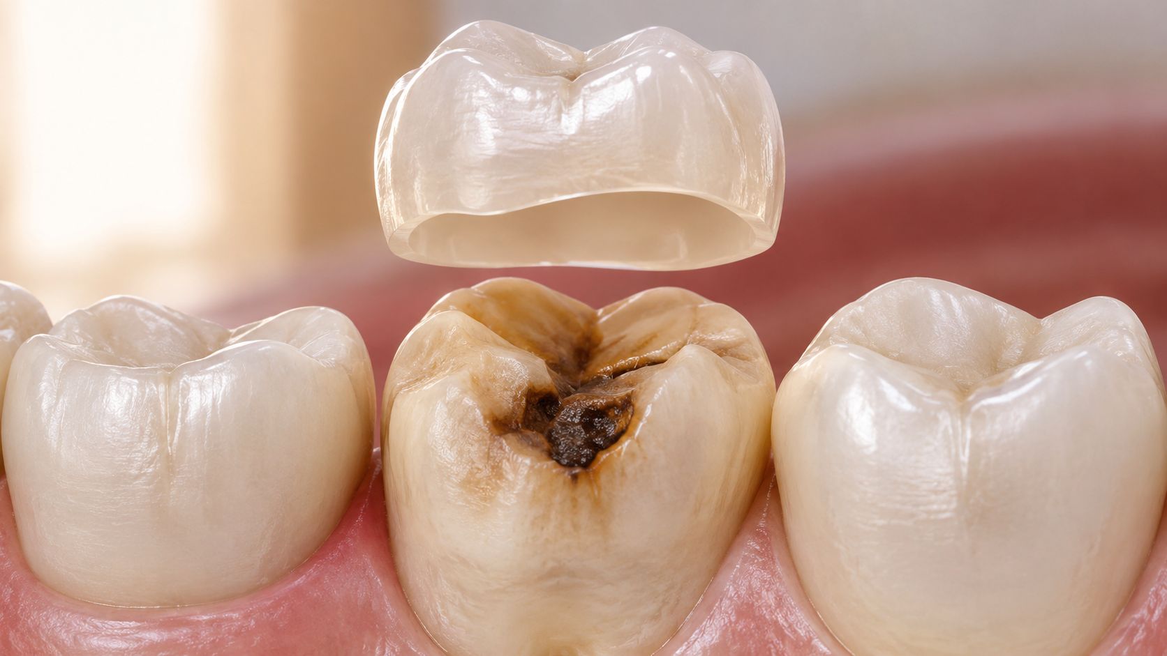 Skotzko Family Dental Clinic | Metal Porcelain Crowns vs Porcelain: A Cornelius Guide A 3D dental illustration showing a damaged molar tooth with decay being prepared for a porcelain crown.