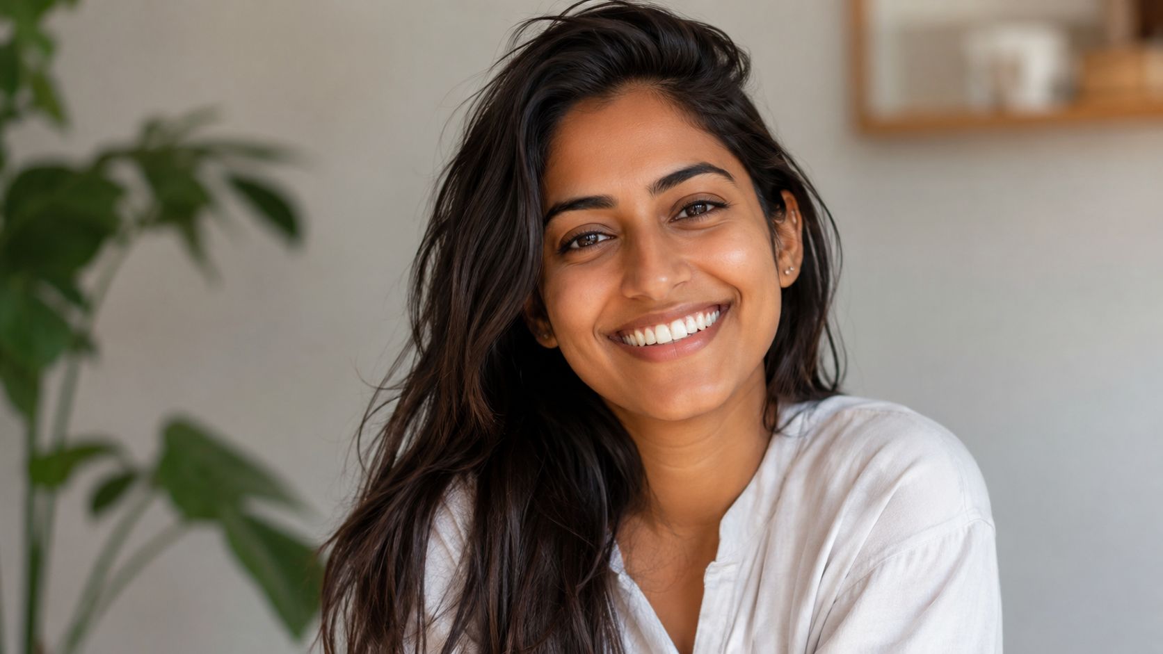 Skotzko Family Dental Clinic | Metal Porcelain Crowns vs Porcelain: A Cornelius Guide A smiling young woman with dark hair wearing a white top, highlighting healthy teeth and natural beauty.