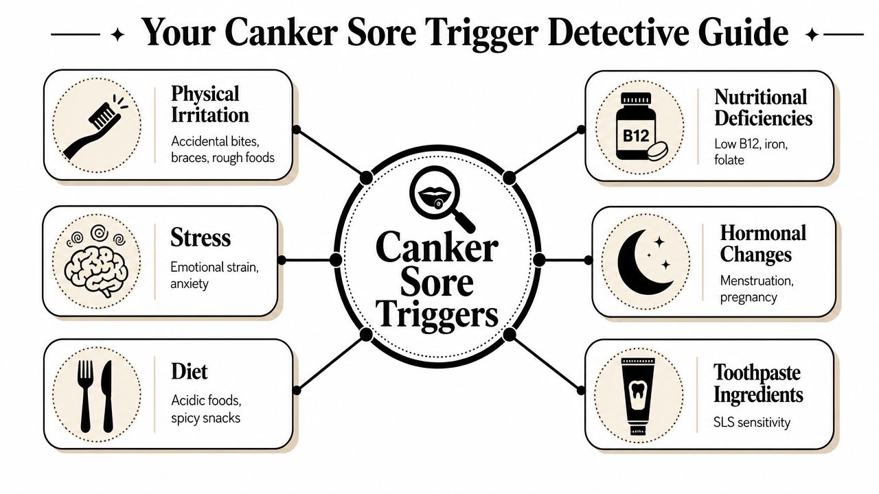 Skotzko Family Dental Clinic | How to Prevent Canker Sores: A Cornelius Dentist's Guide An infographic titled Your Canker Sore Trigger Detective Guide, explaining causes such as stress, diet, and physical irritation.