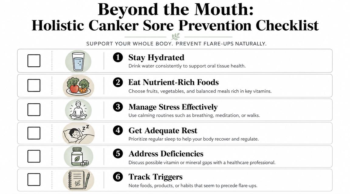 Skotzko Family Dental Clinic | How to Prevent Canker Sores: A Cornelius Dentist's Guide A checklist titled Beyond the Mouth providing six holistic tips for natural canker sore prevention.