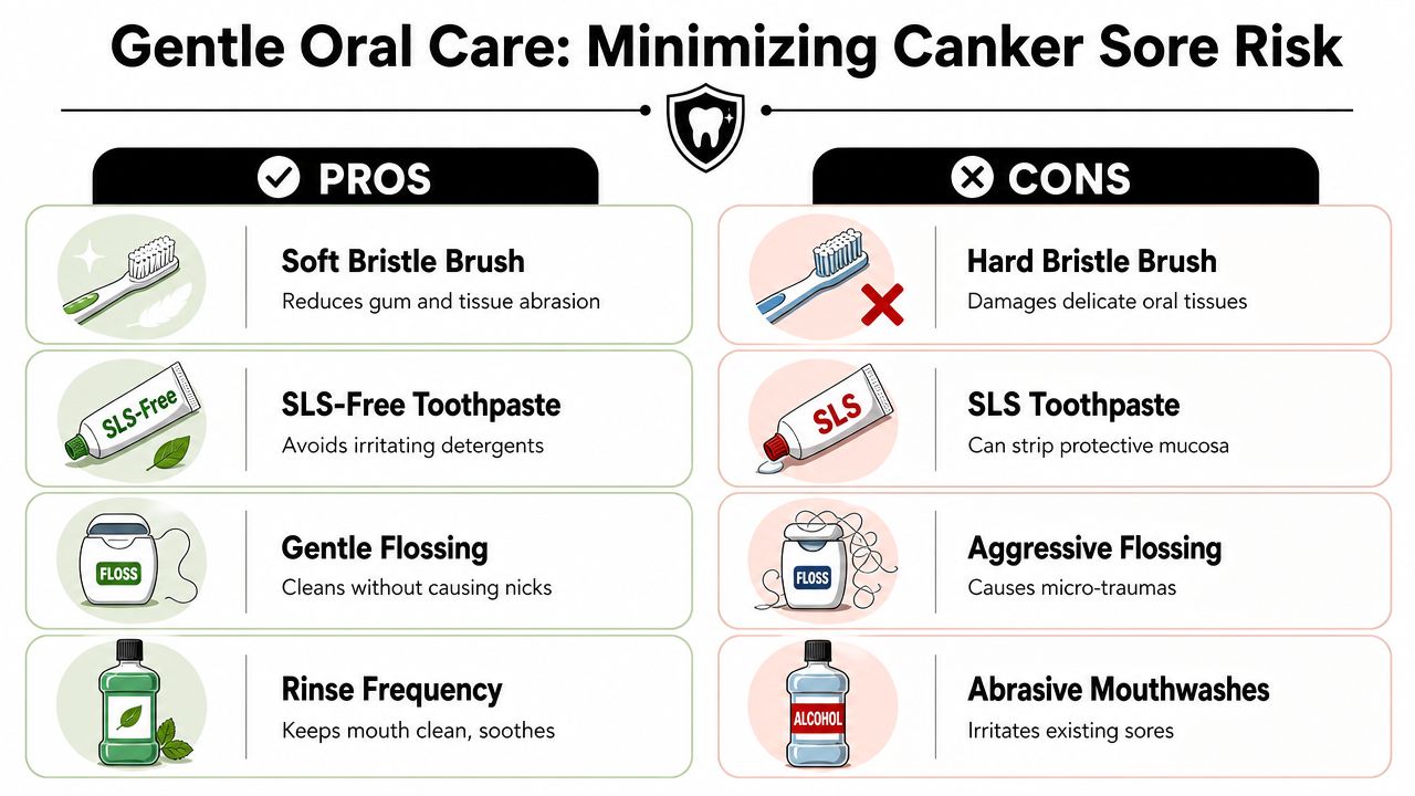 Skotzko Family Dental Clinic | How to Prevent Canker Sores: A Cornelius Dentist's Guide An infographic comparing oral care habits that help or hinder the prevention of painful canker sores.
