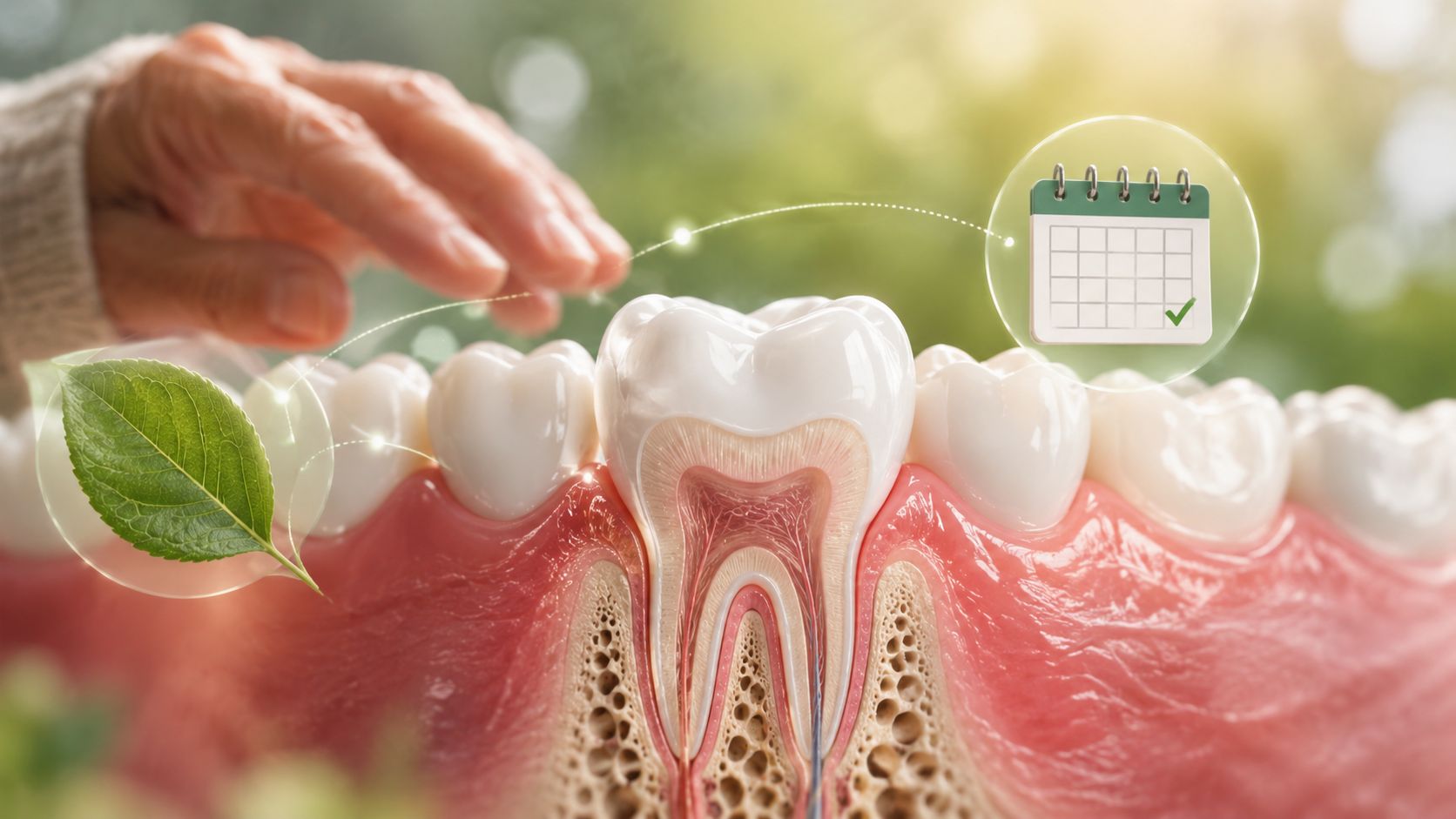 A close-up illustration of a healthy tooth root and gums, accompanied by a calendar and green leaf.