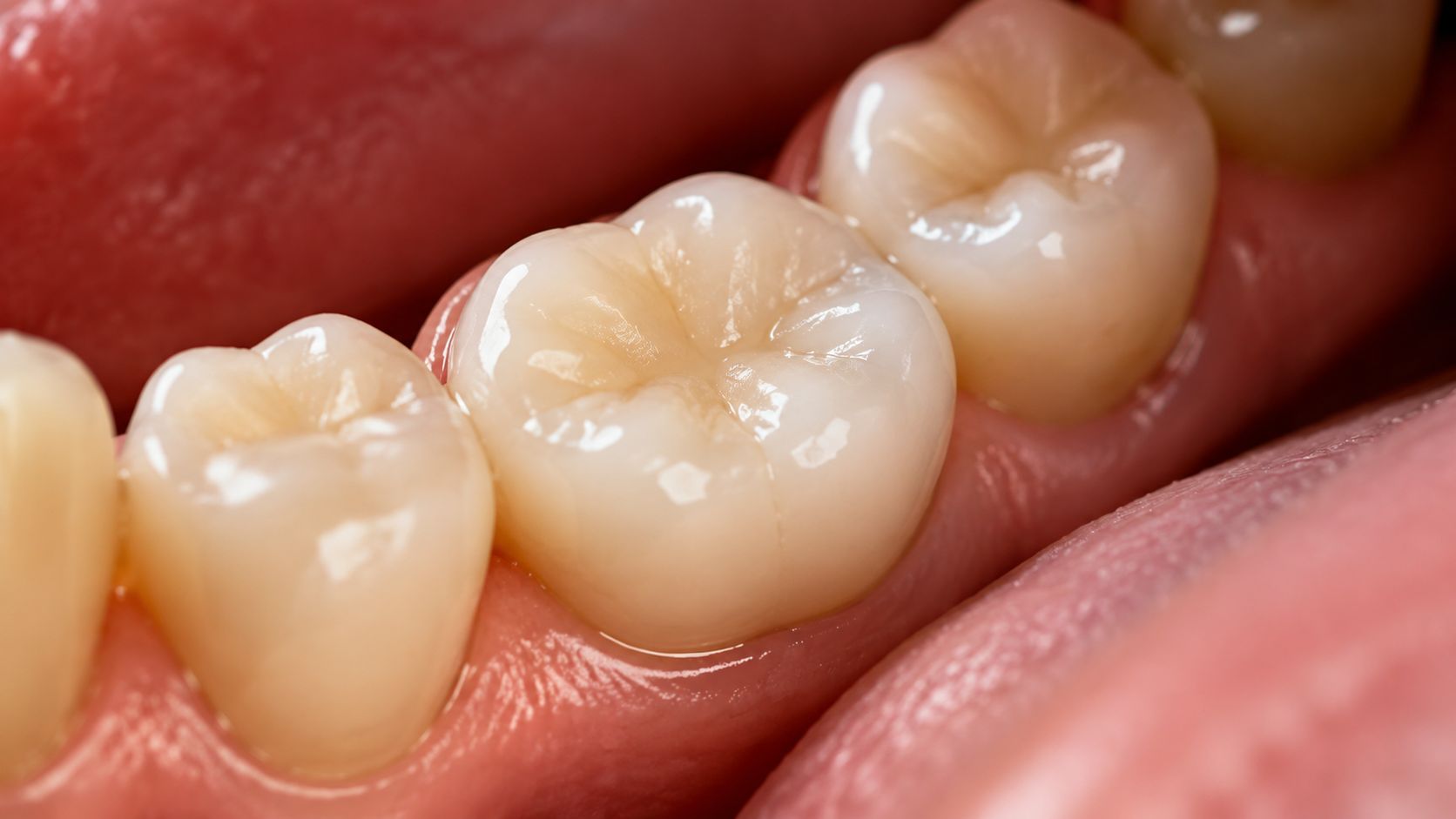 A close up view of healthy human molars and gums showing perfect dental hygiene and white teeth.