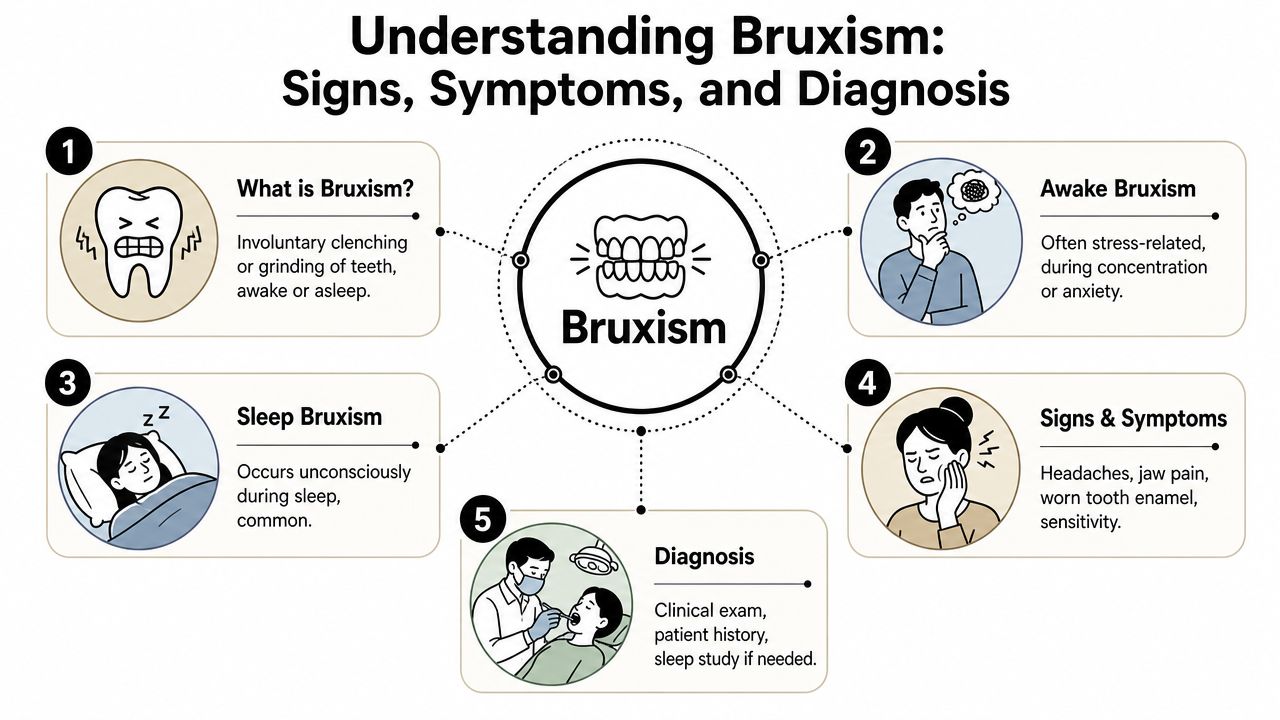 Skotzko Family Dental Clinic | Teeth Grinding Treatment Options in Cornelius, NC An infographic titled Understanding Bruxism explaining signs, symptoms, diagnosis, and the differences between awake and sleep grinding.