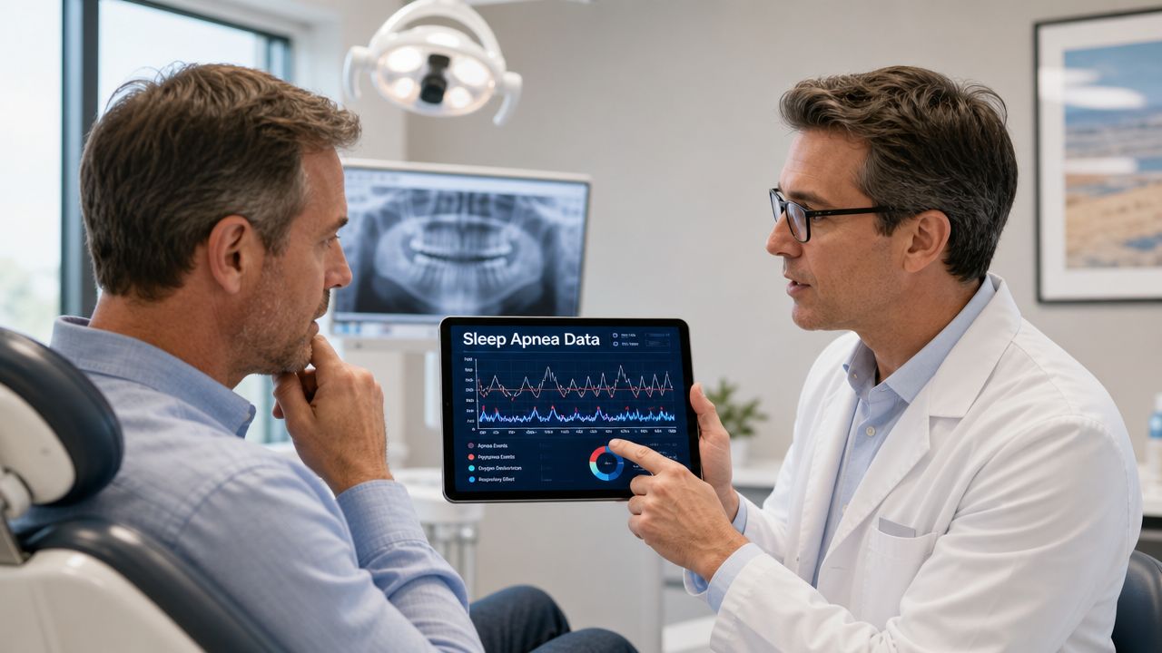 Skotzko Family Dental Clinic | Teeth Grinding Treatment Options in Cornelius, NC A dentist explaining sleep apnea data on a tablet to a male patient in a dental office.