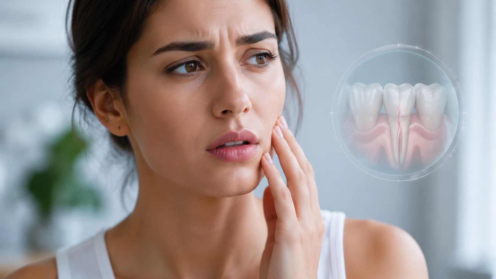 Skotzko Family Dental Clinic | Teeth Whitening for Sensitive Teeth: Get a Brighter Smile A woman experiencing tooth pain, shown with a medical illustration highlighting a cracked tooth and gum sensitivity.