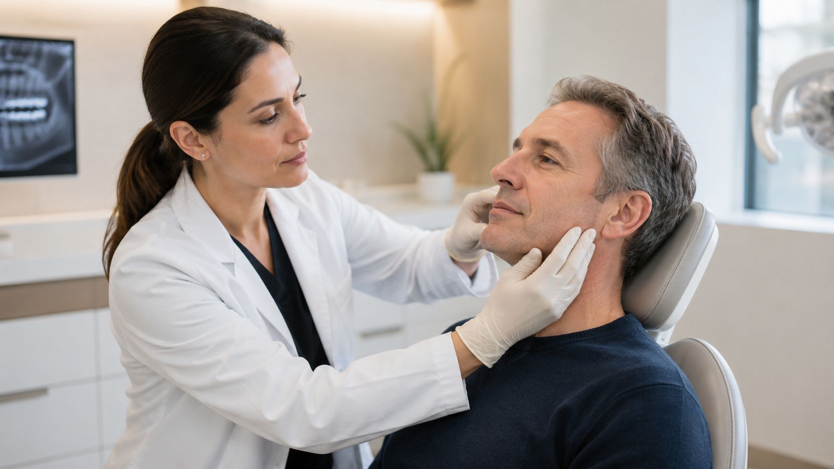 Skotzko Family Dental Clinic | A Test for TMJ: Your Guide in Cornelius, NC A female dentist in a lab coat examining a male patient for TMJ issues in a clinic.