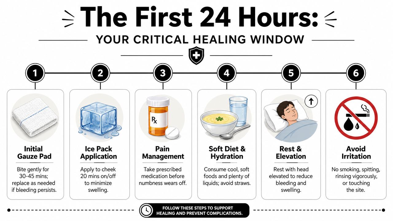 A six-step infographic guide detailing essential post-operative care instructions for recovery after a tooth extraction procedure.