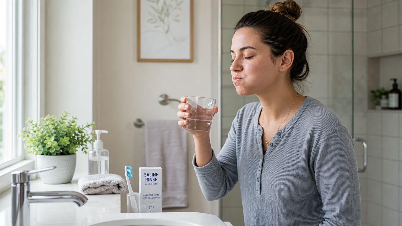 A young woman rinsing her mouth with saline solution as part of post-operative tooth extraction aftercare instructions.