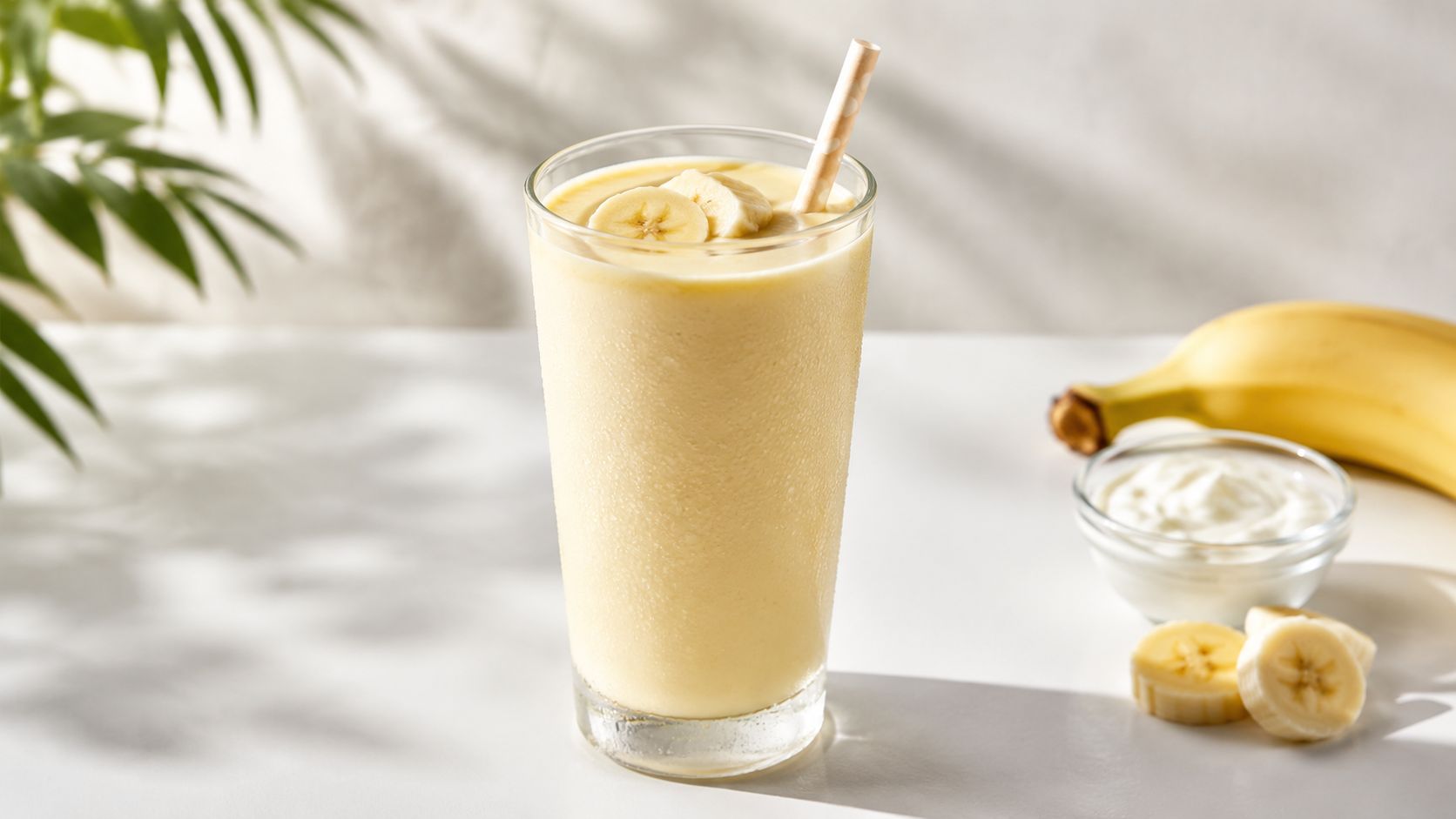 A refreshing banana smoothie in a tall glass topped with sliced bananas beside a bowl of yogurt.