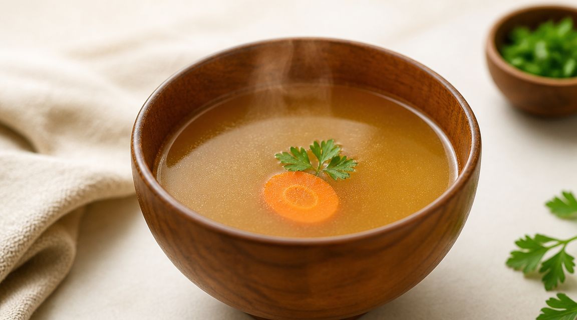 A warm bowl of clear golden broth garnished with a slice of carrot and fresh parsley.