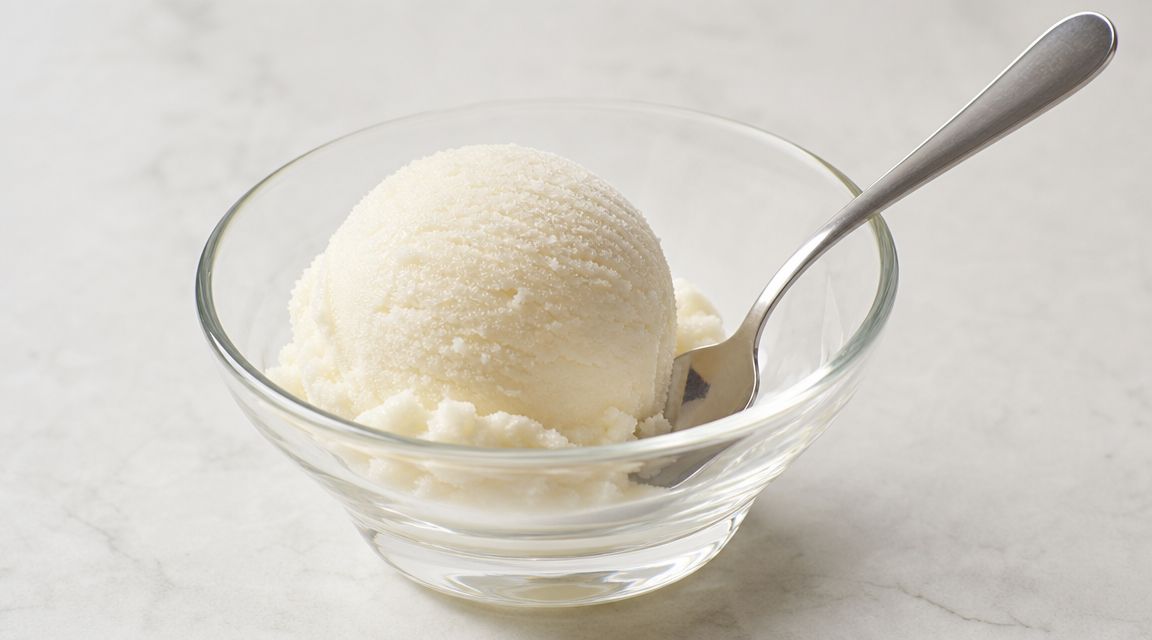 A single scoop of white vanilla ice cream served in a clear glass bowl with a spoon.